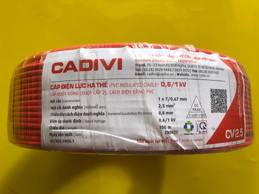 Dây điện đơn CV 2.5 Cadivi, màu đỏ, cuộn 100m